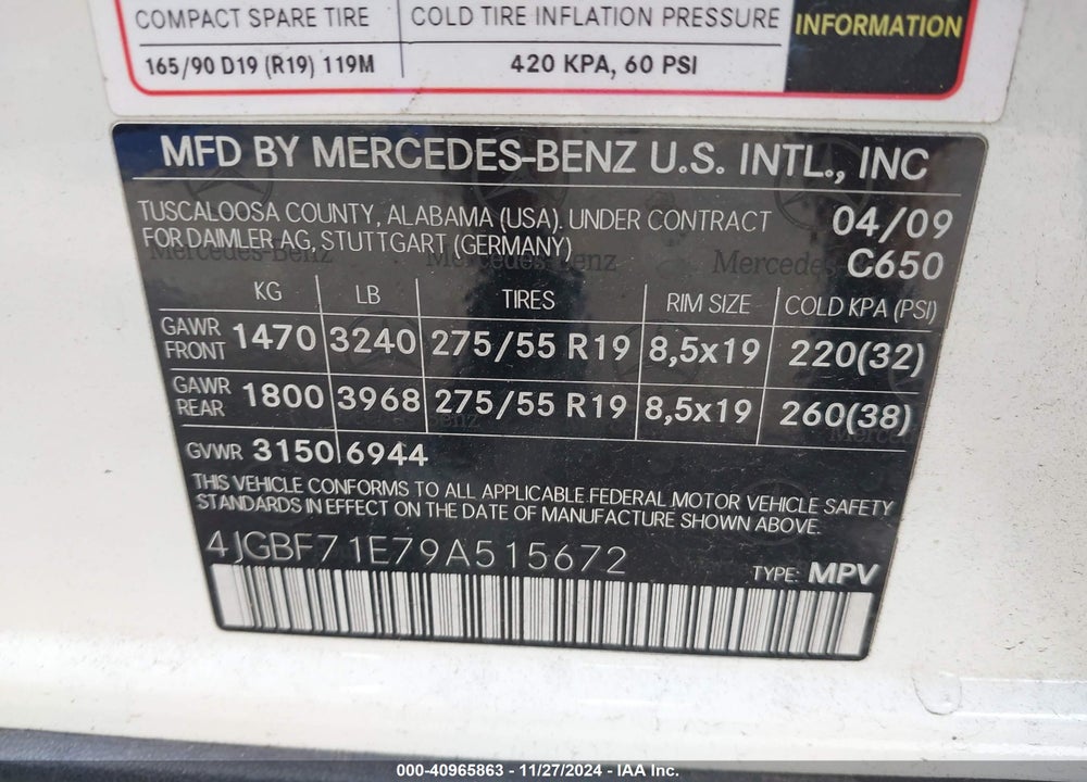 2009 MERCEDES-BENZ GL 450 4MATIC VIN: 4JGBF71E79A515672