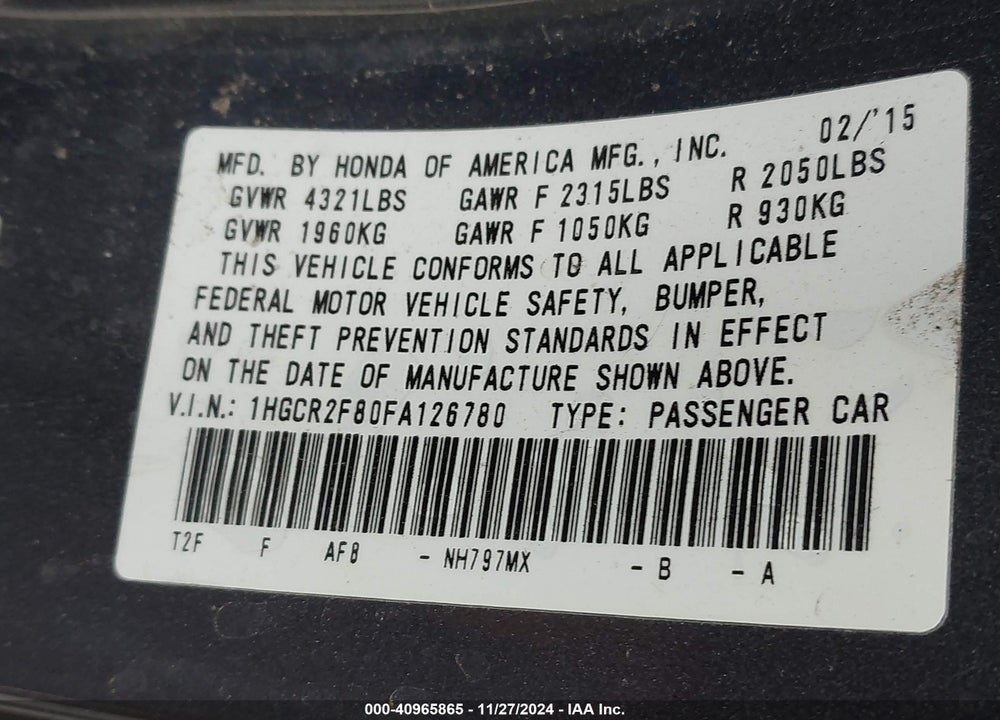 2015 HONDA ACCORD VIN: 1HGCR2F80FA126780