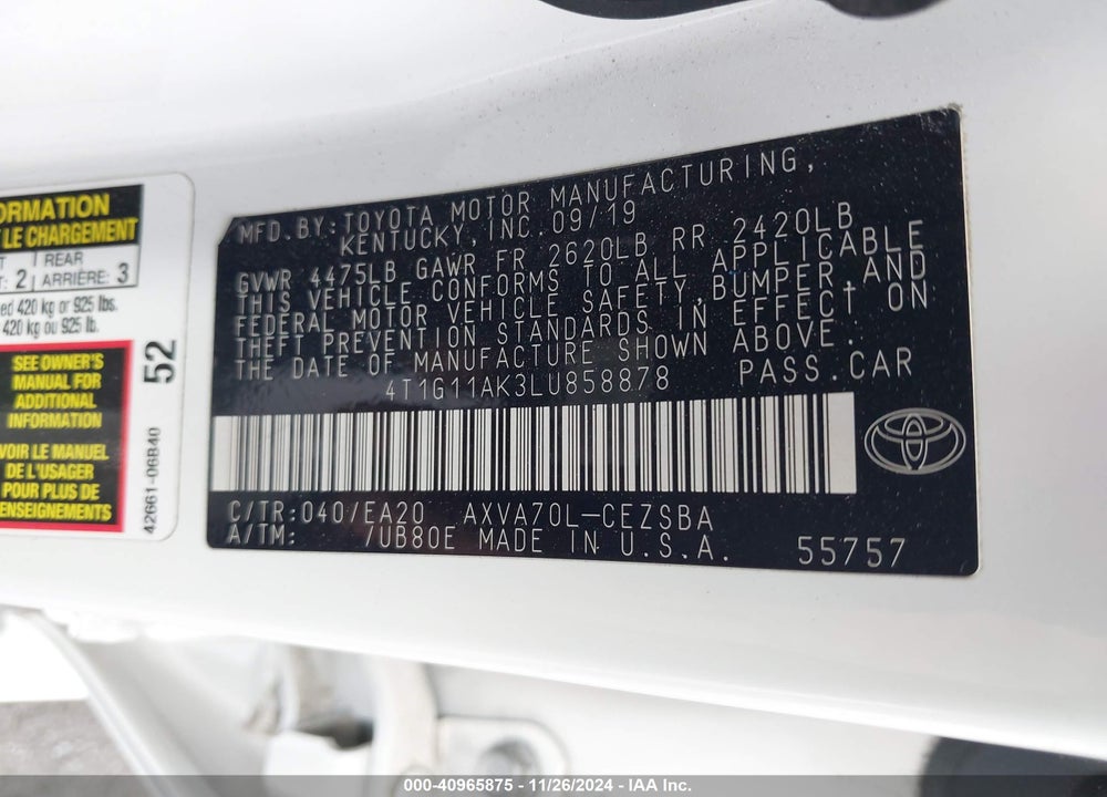 2020 TOYOTA CAMRY SE VIN: 4T1G11AK3LU858878