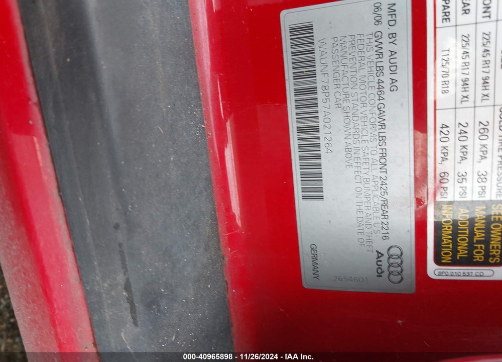 2007 AUDI A3 2.0T VIN: WAUNF78P57A021264