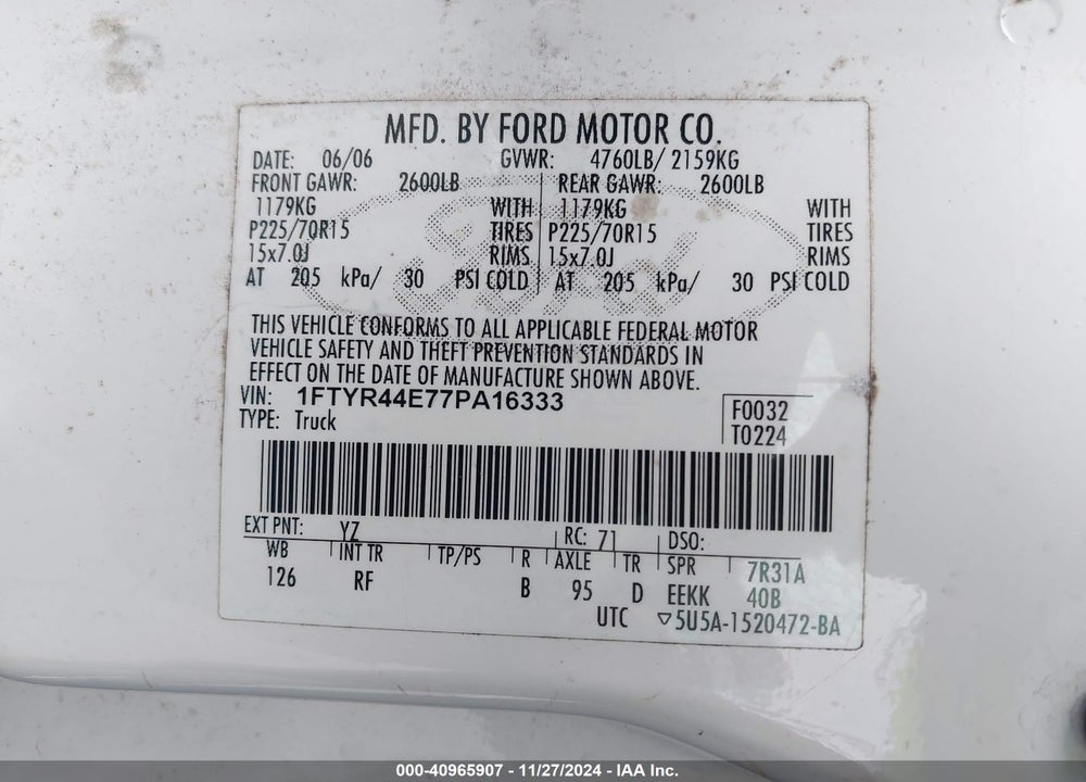 2007 FORD RANGER VIN: 1FTYR44E77PA16333