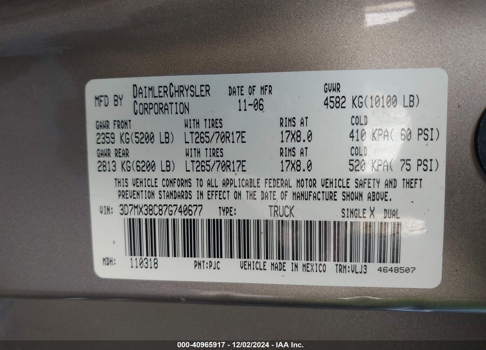 2007 DODGE RAM 3500 LARAMIE VIN: 3D7MX38C87G740677