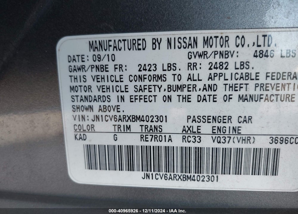2011 INFINITI G37X VIN: JN1CV6ARXBM402301