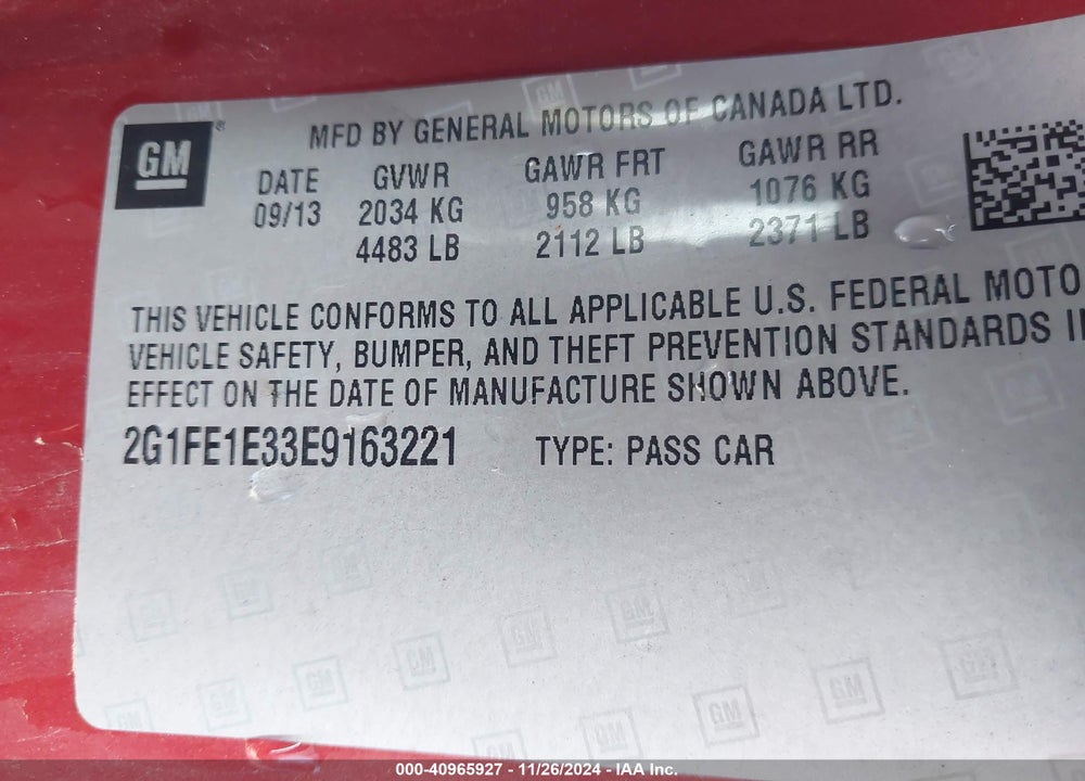 2014 CHEVROLET CAMARO 1LS VIN: 2G1FE1E33E9163221