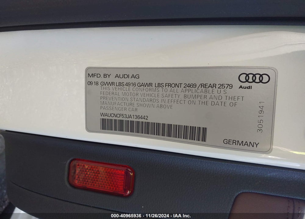 2018 AUDI A5 2.0T PREMIUM VIN: WAUCNCF53JA136442