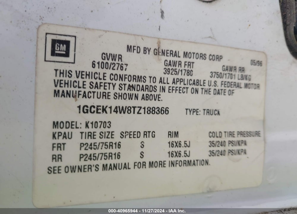 1996 CHEVROLET GMT-400 K1500 VIN: 1GCEK14W8TZ188366