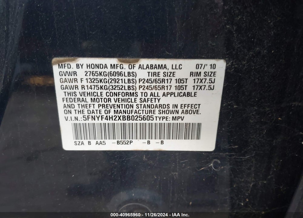 2011 HONDA PILOT LX VIN: 5FNYF4H2XBB025605
