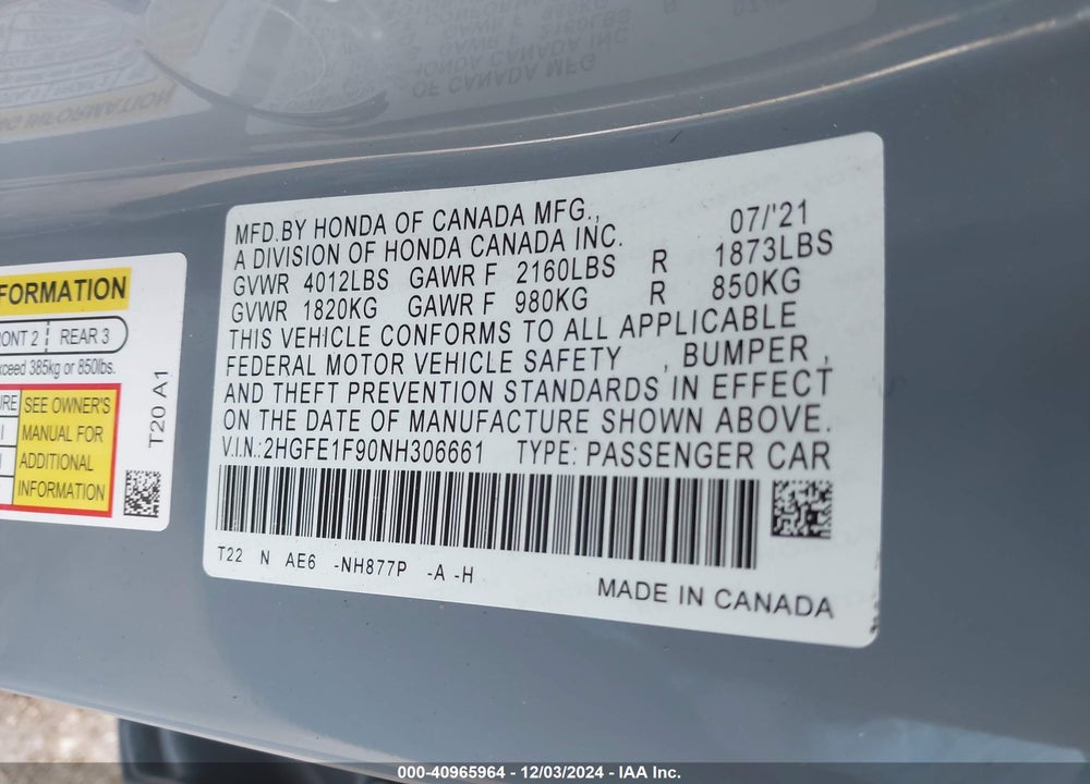 2022 HONDA CIVIC TOURING VIN: 2HGFE1F90NH306661