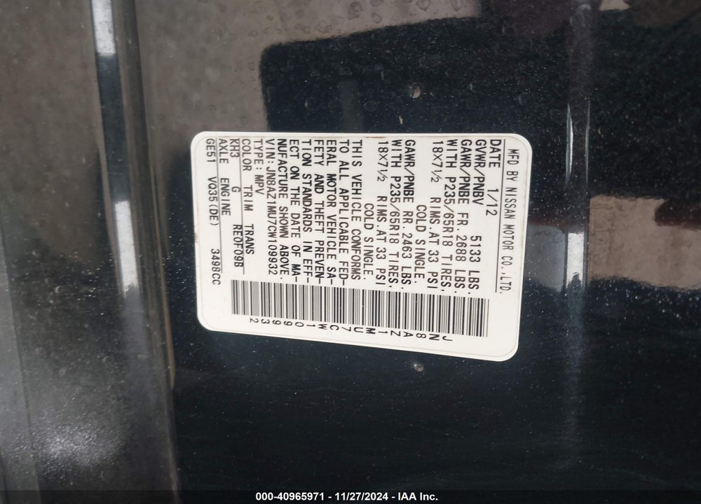 2012 NISSAN MURANO SL VIN: JN8AZ1MU7CW109932
