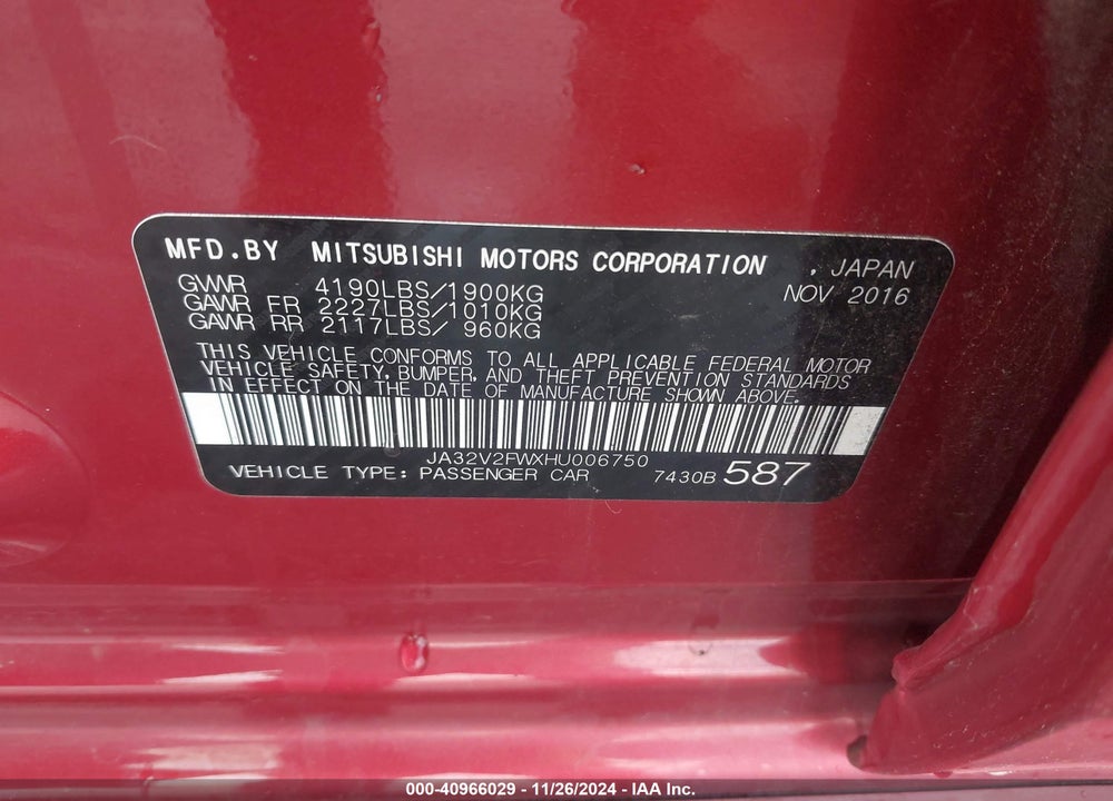 2017 MITSUBISHI LANCER ES/SE/SEL VIN: JA32V2FWXHU006750