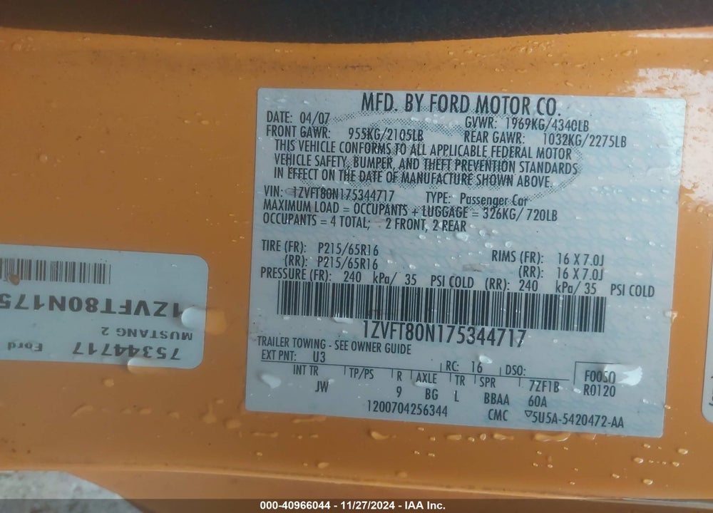 2007 FORD MUSTANG V6 DELUXE/V6 PREMIUM VIN: 1ZVFT80N175344717