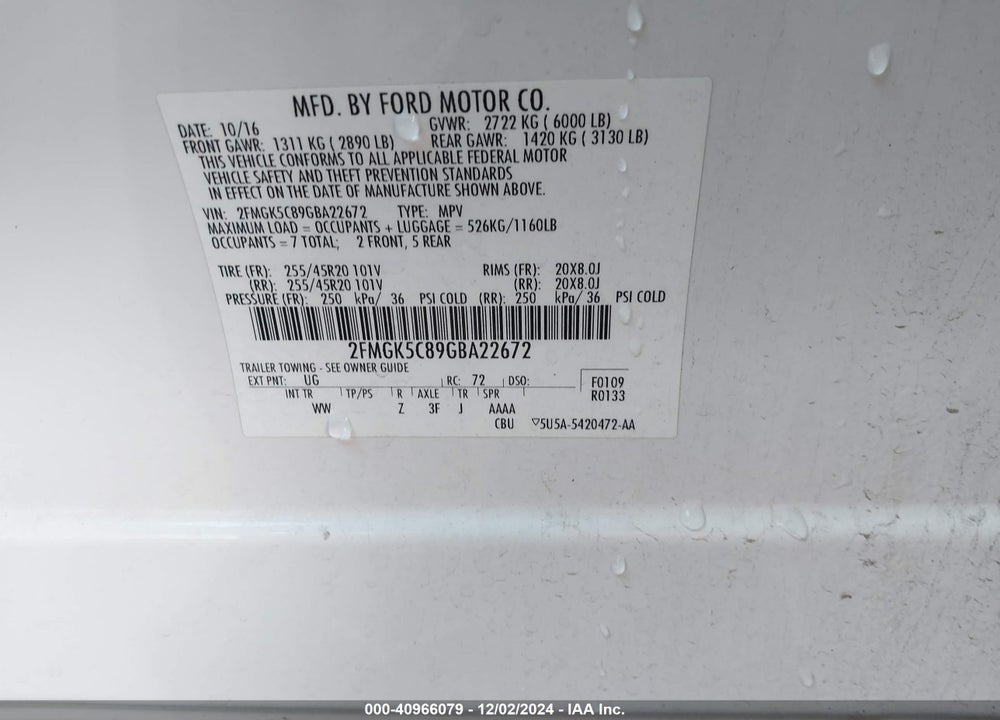 2016 FORD FLEX SEL VIN: 2FMGK5C89GBA22672