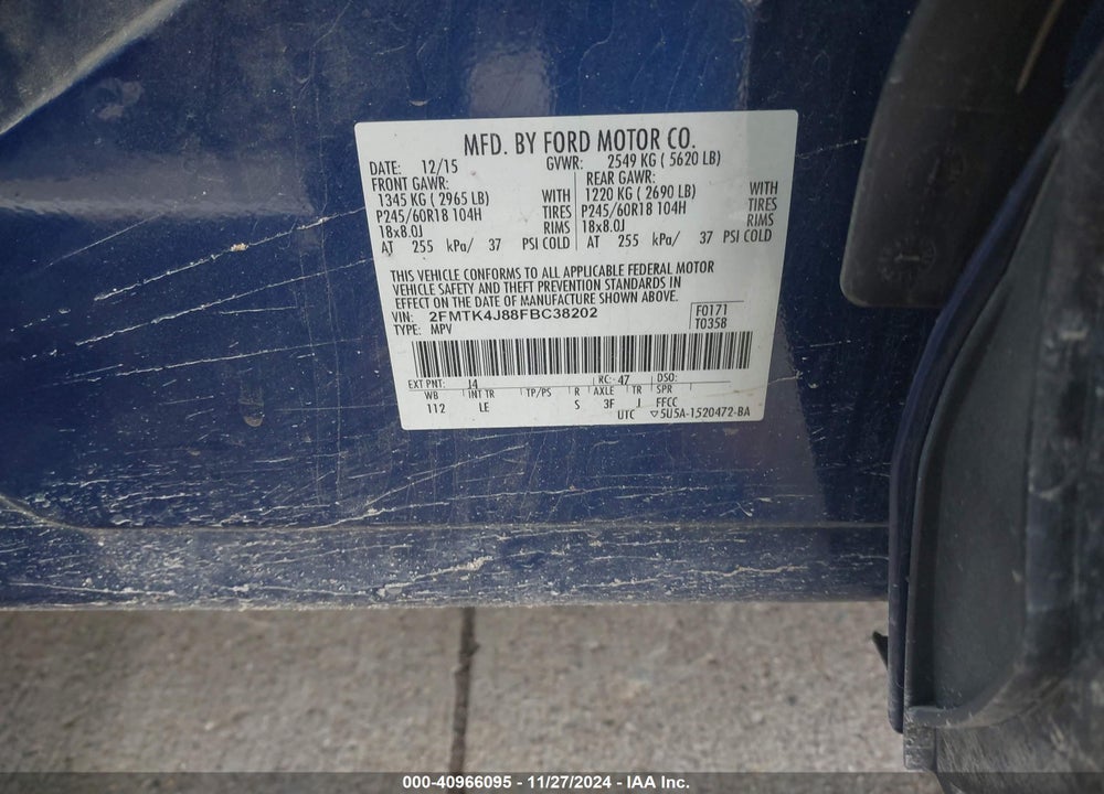 2015 FORD EDGE SEL VIN: 2FMTK4J88FBC38202