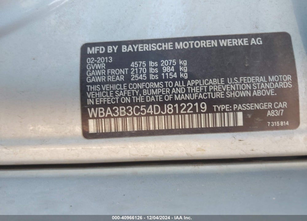 2013 BMW 328 VIN: WBA3B3C54DJ812219