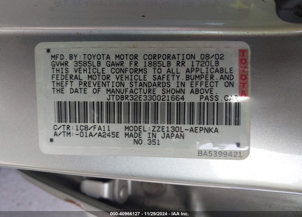 2003 TOYOTA COROLLA LE VIN: JTDBR32E330021664