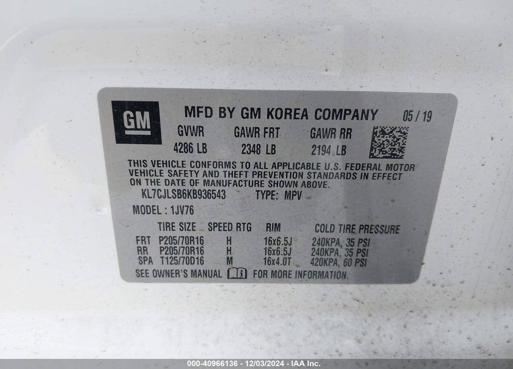 2019 CHEVROLET TRAX LT VIN: KL7CJLSB6KB936543