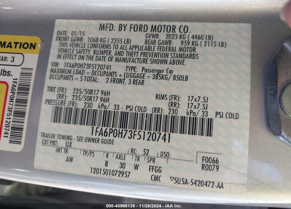 2015 FORD FUSION SE VIN: 1FA6P0H73F5120741