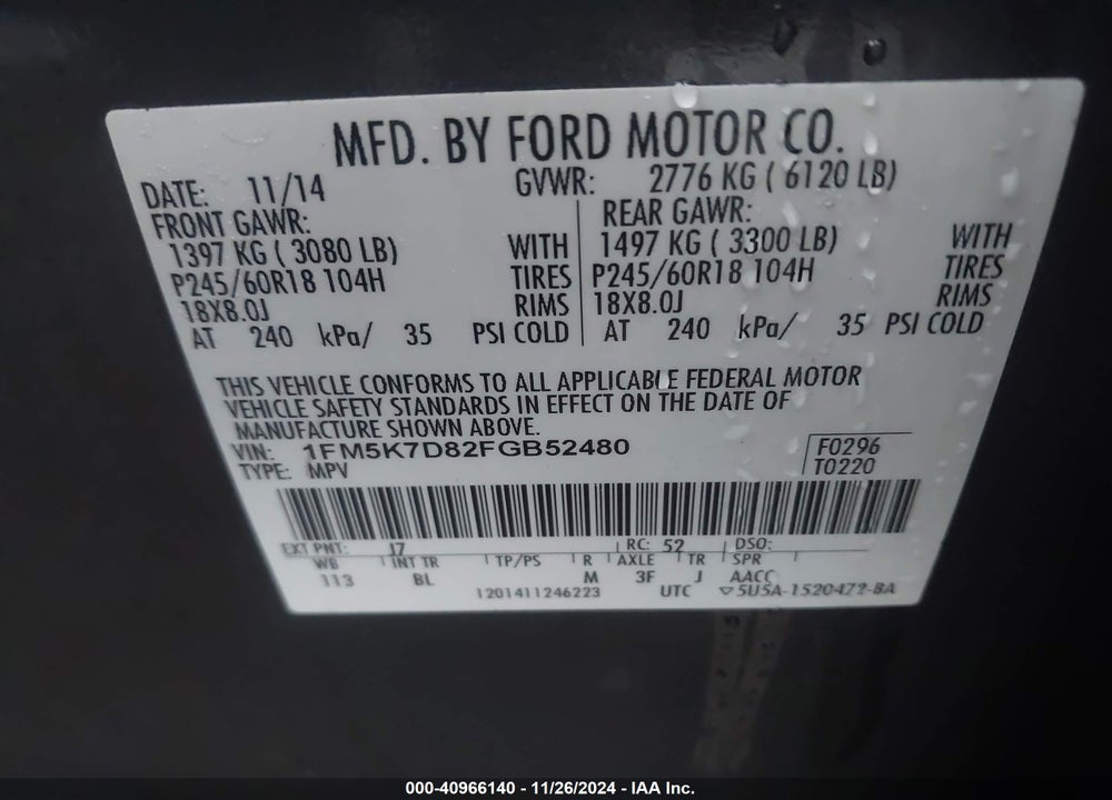 2015 FORD EXPLORER XLT VIN: 1FM5K7D82FGB52480