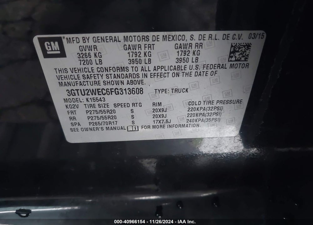 2015 GMC SIERRA 1500 DENALI VIN: 3GTU2WEC6FG313608
