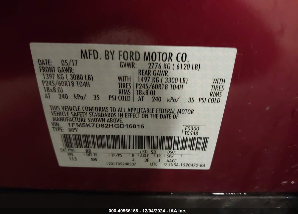 2017 FORD EXPLORER XLT VIN: 1FM5K7D82HGD16815