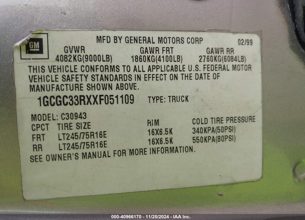 1999 CHEVROLET C3500 VIN: 1GCGC33RXXF051109