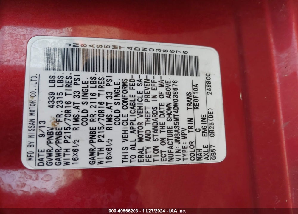 2013 NISSAN ROGUE S VIN: JN8AS5MT4DW038676