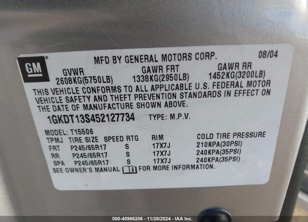 2005 GMC ENVOY SLE VIN: 1GKDT13S452127734