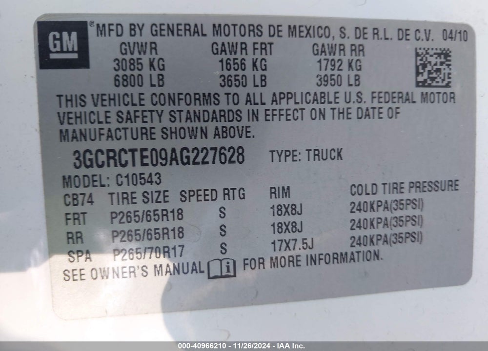 2010 CHEVROLET SILVERADO 1500 LTZ VIN: 3GCRCTE09AG227628