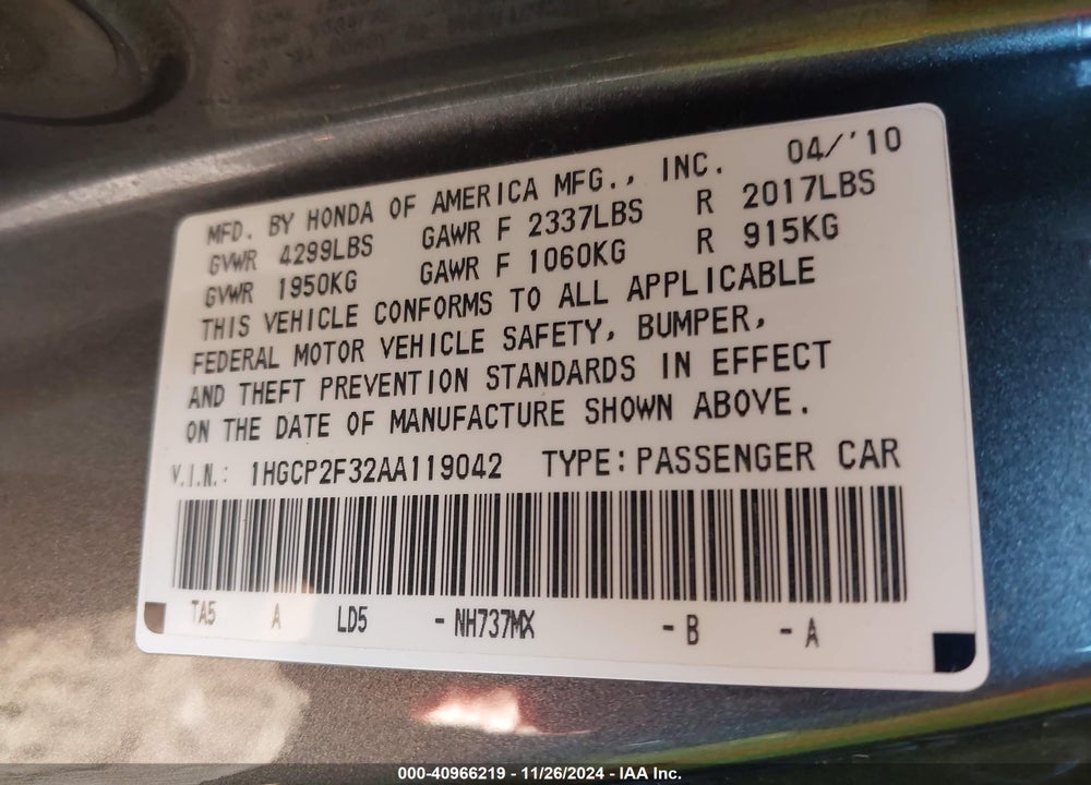 2010 HONDA ACCORD 2.4 LX VIN: 1HGCP2F32AA119042