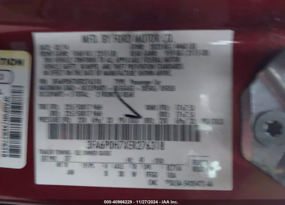 2014 FORD FUSION SE VIN: 3FA6P0H7XER276318