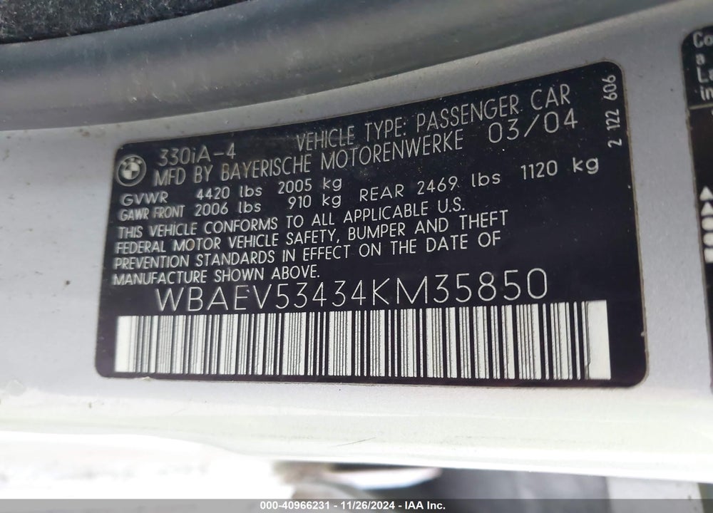 2004 BMW 330I VIN: WBAEV53434KM35850