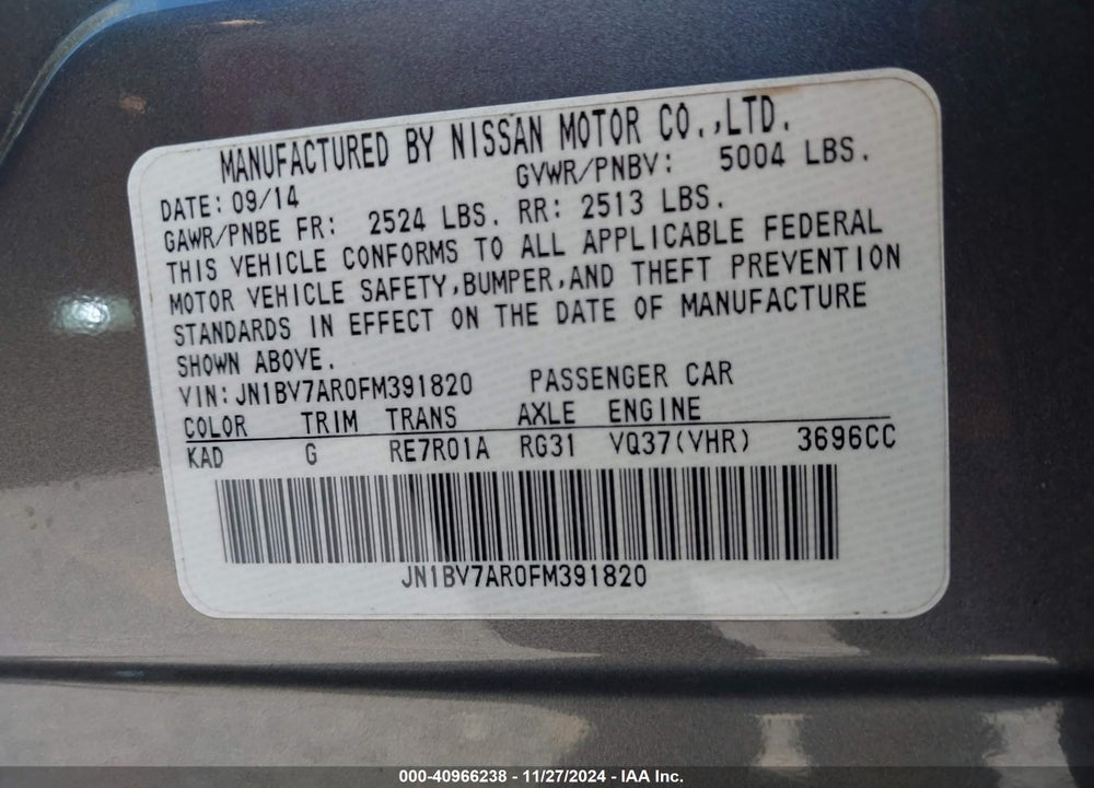 2015 INFINITI Q50 PREMIUM VIN: JN1BV7AR0FM391820