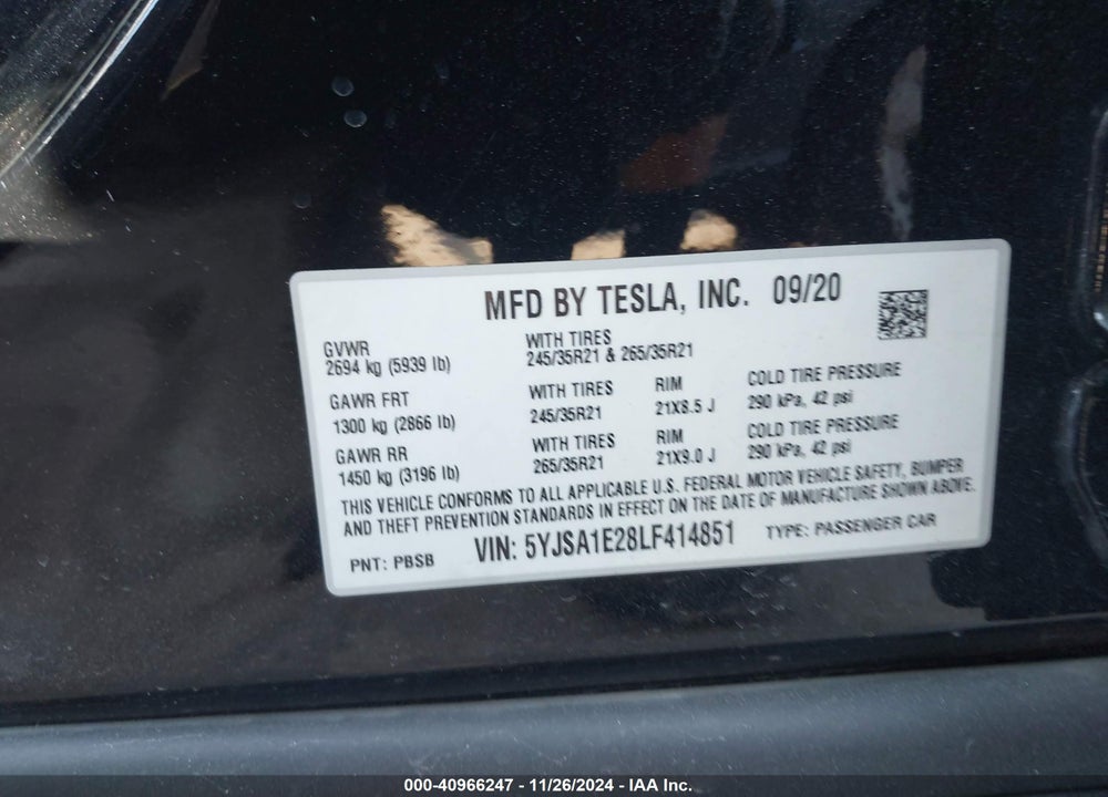 2020 TESLA MODEL S VIN: 5YJSA1E28LF414851