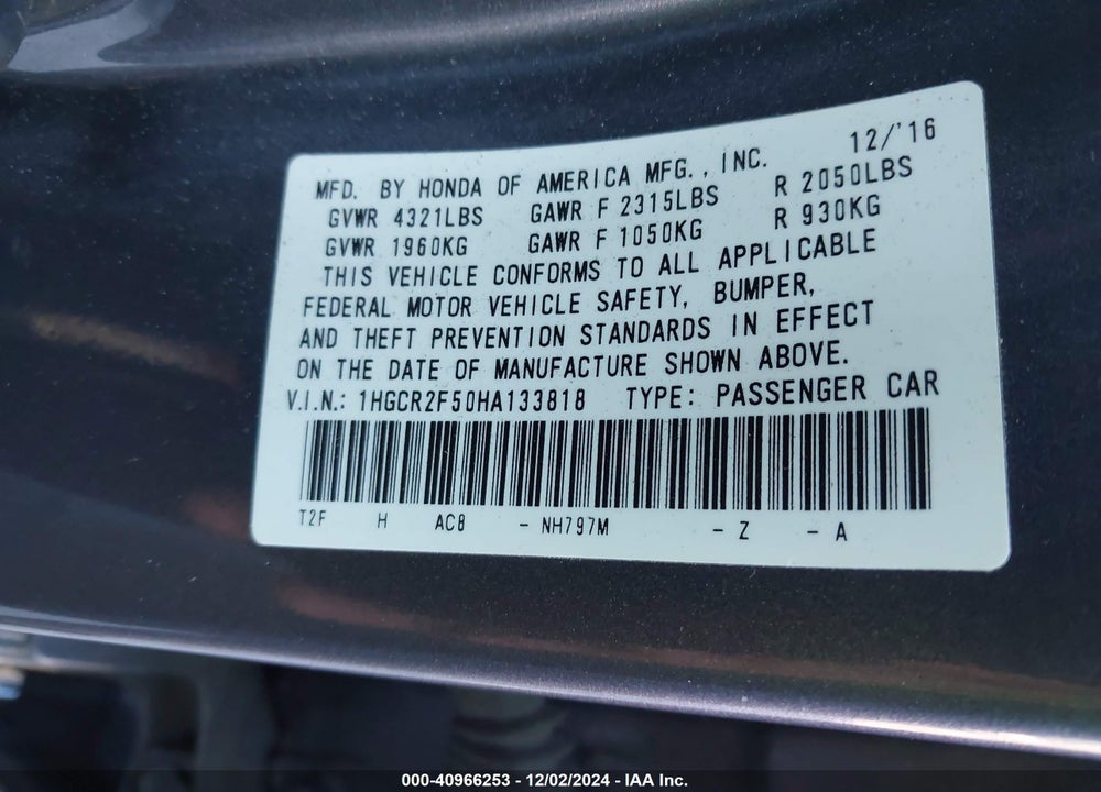 2017 HONDA ACCORD VIN: 1HGCR2F50HA133818