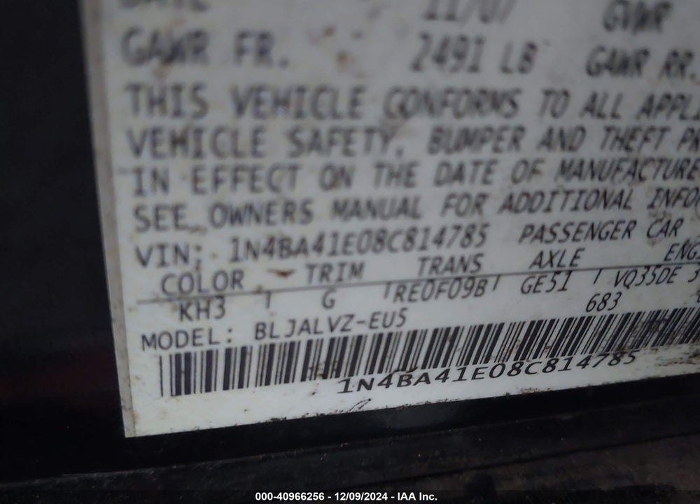 2008 NISSAN MAXIMA VIN: 1N4BA41E08C814785