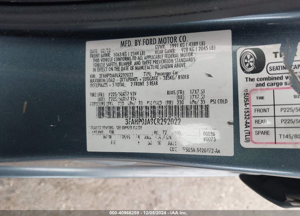 2012 FORD FUSION SEL VIN: 3FAHP0JA9CR292022