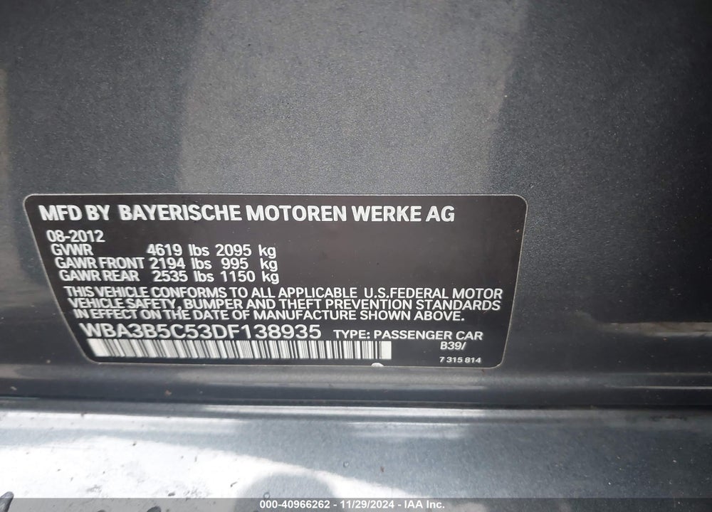 2013 BMW 328I XDRIVE VIN: WBA3B5C53DF138935