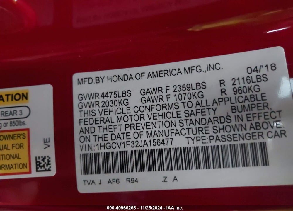2018 HONDA ACCORD VIN: 1HGCV1F32JA156477