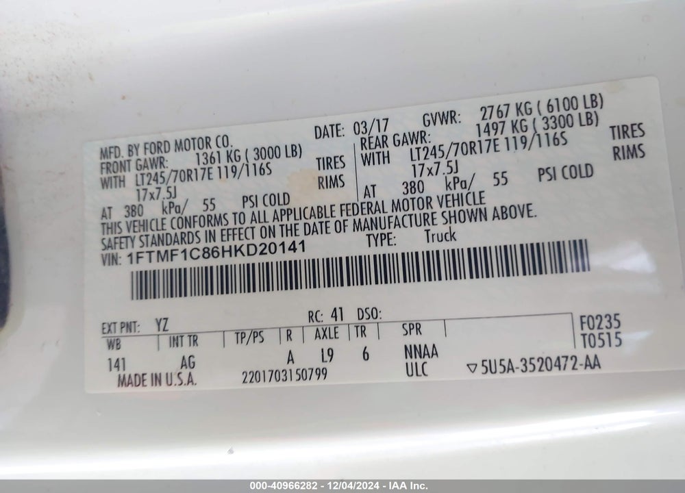 2017 FORD F-150 XL VIN: 1FTMF1C86HKD20141
