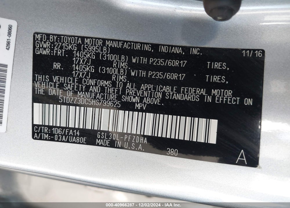 2017 TOYOTA SIENNA L 7 PASSENGER VIN: 5TDZZ3DC5HS799625