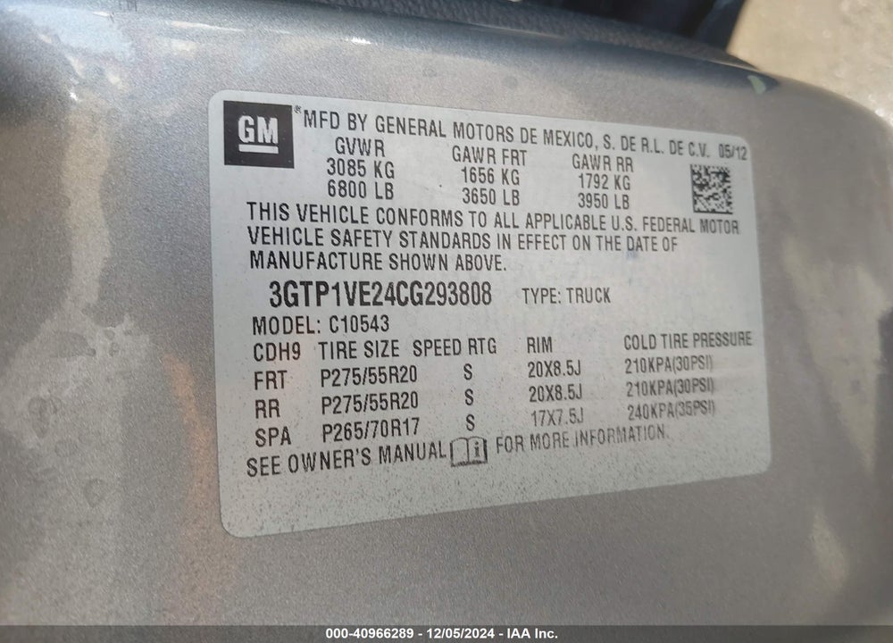 2012 GMC SIERRA 1500 SLE VIN: 3GTP1VE24CG293808