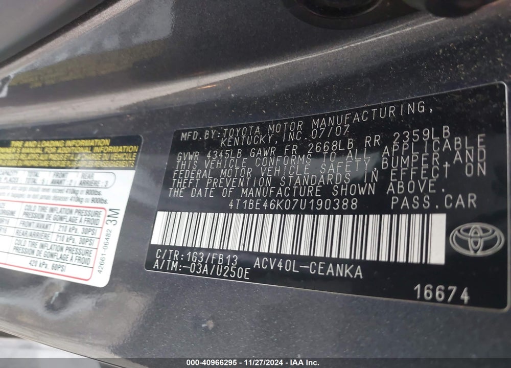 2007 TOYOTA CAMRY LE VIN: 4T1BE46K07U190388