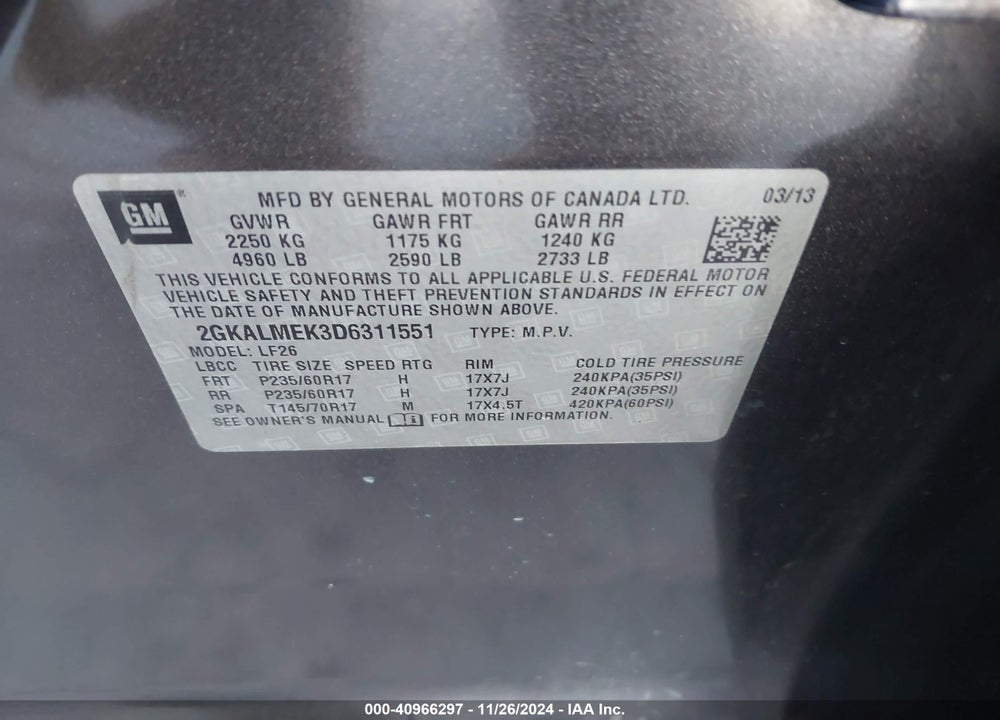 2013 GMC TERRAIN SLE-1 VIN: 2GKALMEK3D6311551
