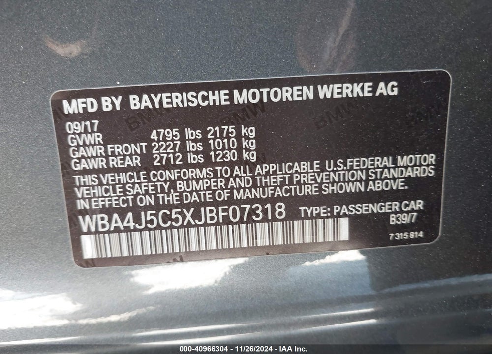 2018 BMW 440I GRAN COUPE VIN: WBA4J5C5XJBF07318