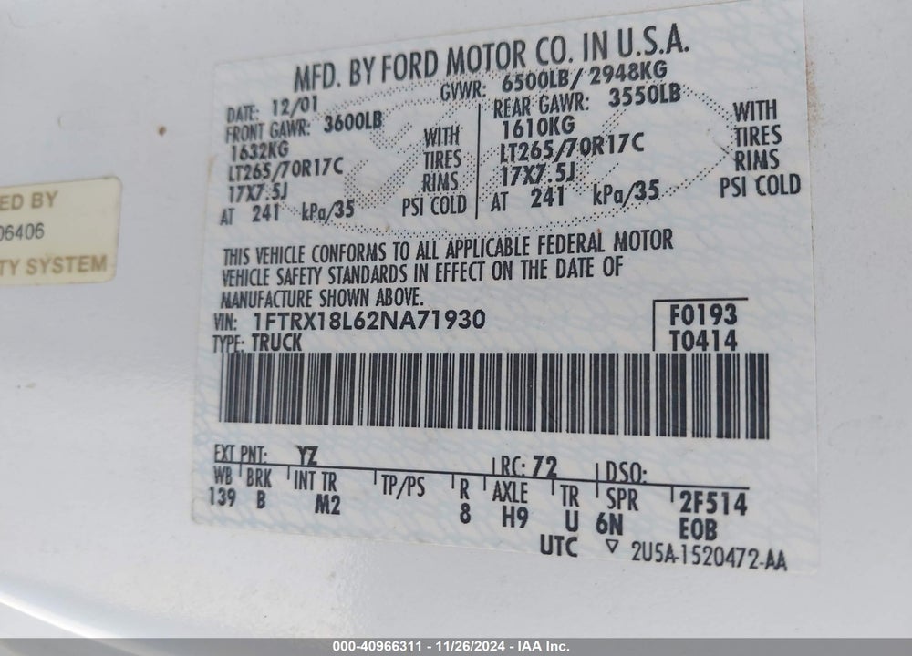 2002 FORD F-150 LARIAT/XL/XLT VIN: 1FTRX18L62NA71930