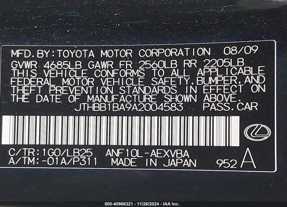 2010 LEXUS HS 250H PREMIUM VIN: JTHBB1BA9A2004583