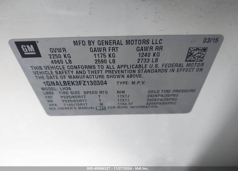 2015 CHEVROLET EQUINOX 1LT VIN: 1GNALBEK3FZ130304