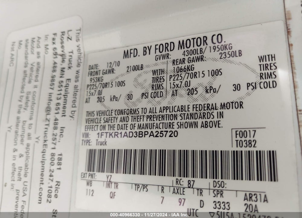 2011 FORD RANGER XL VIN: 1FTKR1AD3BPA25720