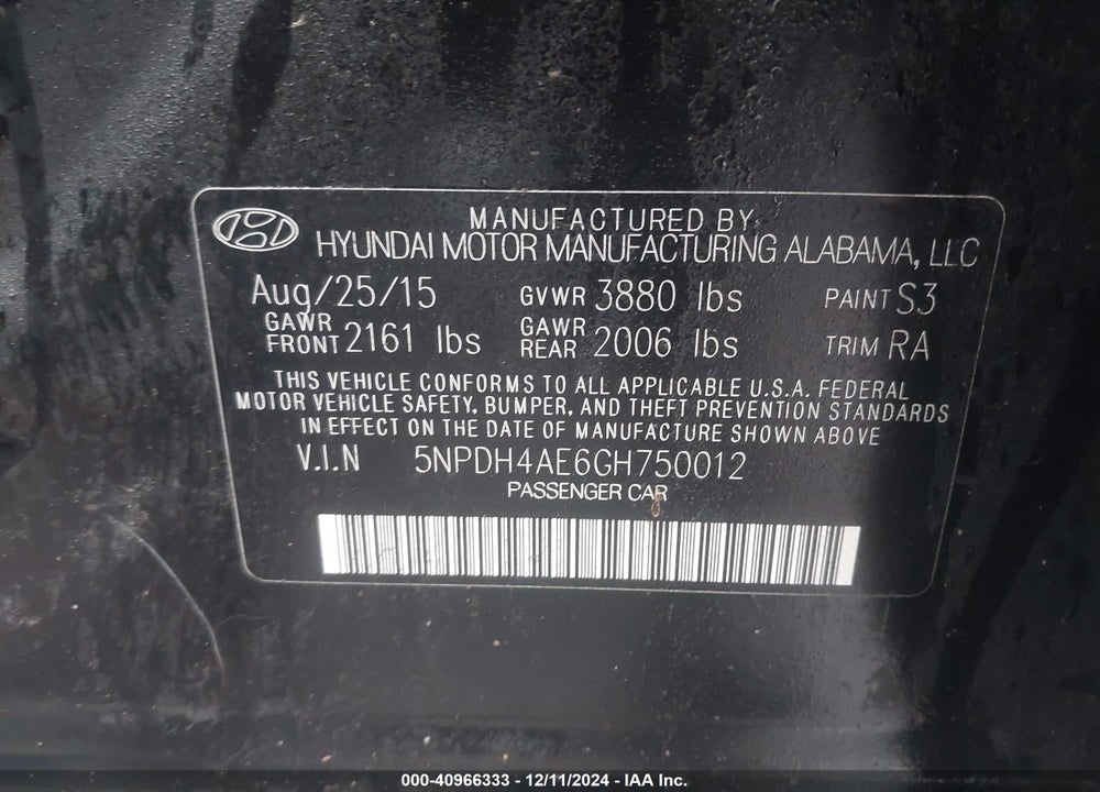 2016 HYUNDAI ELANTRA SE VIN: 5NPDH4AE6GH750012