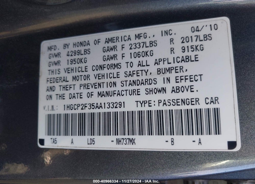 2010 HONDA ACCORD 2.4 LX VIN: 1HGCP2F35AA133291